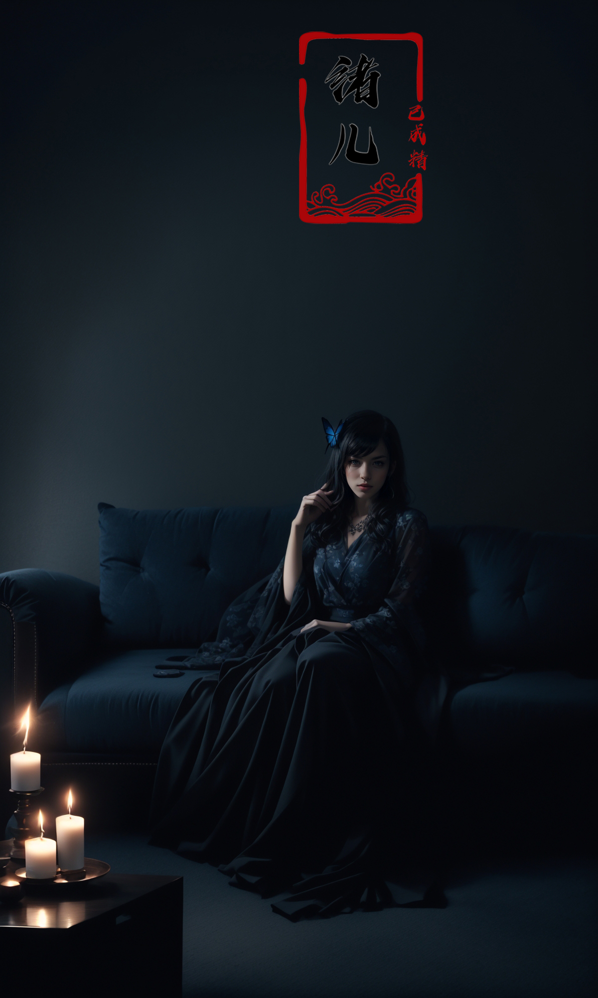 606247209521969386-647694179-cinematic sets，dark wallpaper，with a girl on a sofa surrounded by candles,_matte photo, dark gray and blue, dream-like atmospher.jpg